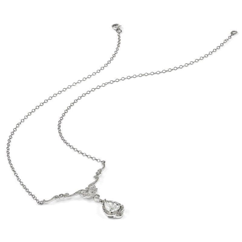 Sterling Silver Rhodium-plated Fancy Brilliant-cut CZ Teardrop Dangle 16 Inch Necklace with 2.25 Inch Extender