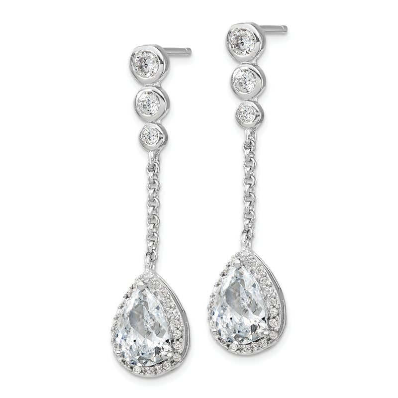 Sterling Silver Rhodium-plated Brilliant-cut CZ Bezel &amp; Teardrop Halo Post Dangle Earrings