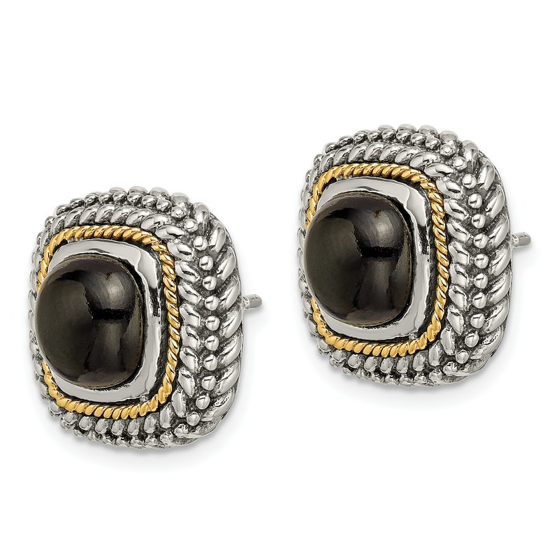 Sterling Silver with 14K Accent Antiqued Cabochon Black Onyx Post Earrings