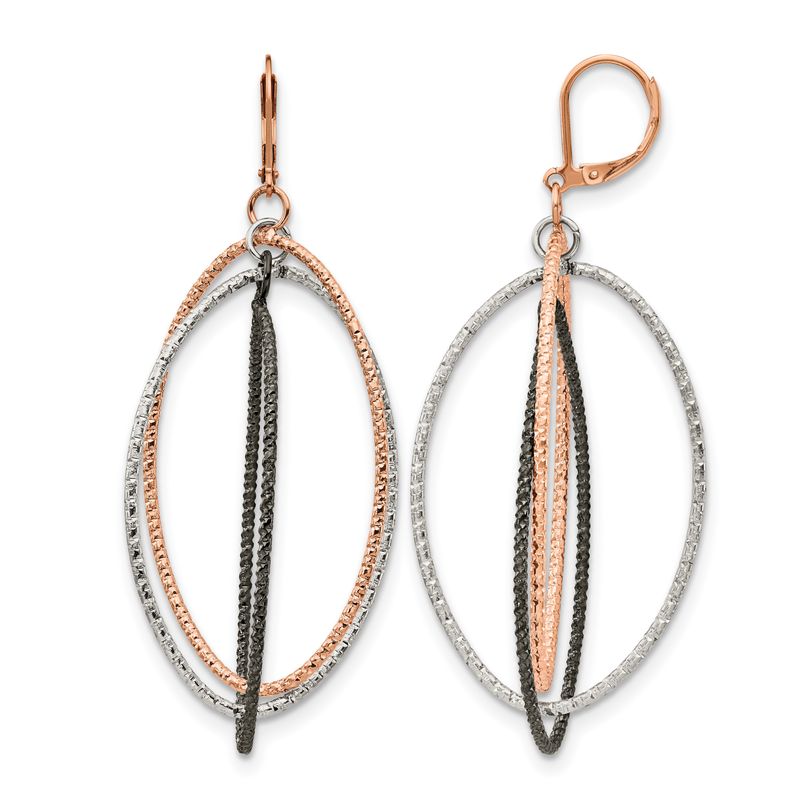 Stainless Steel Polished and Textured Gun and Rose IP-plated Dangle Leverback Earrings