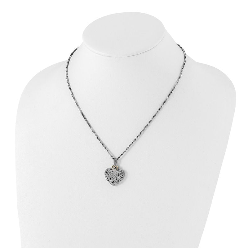 Sterling Silver Antiqued with 14K Accent 18 Inch Diamond Vintage Heart Necklace