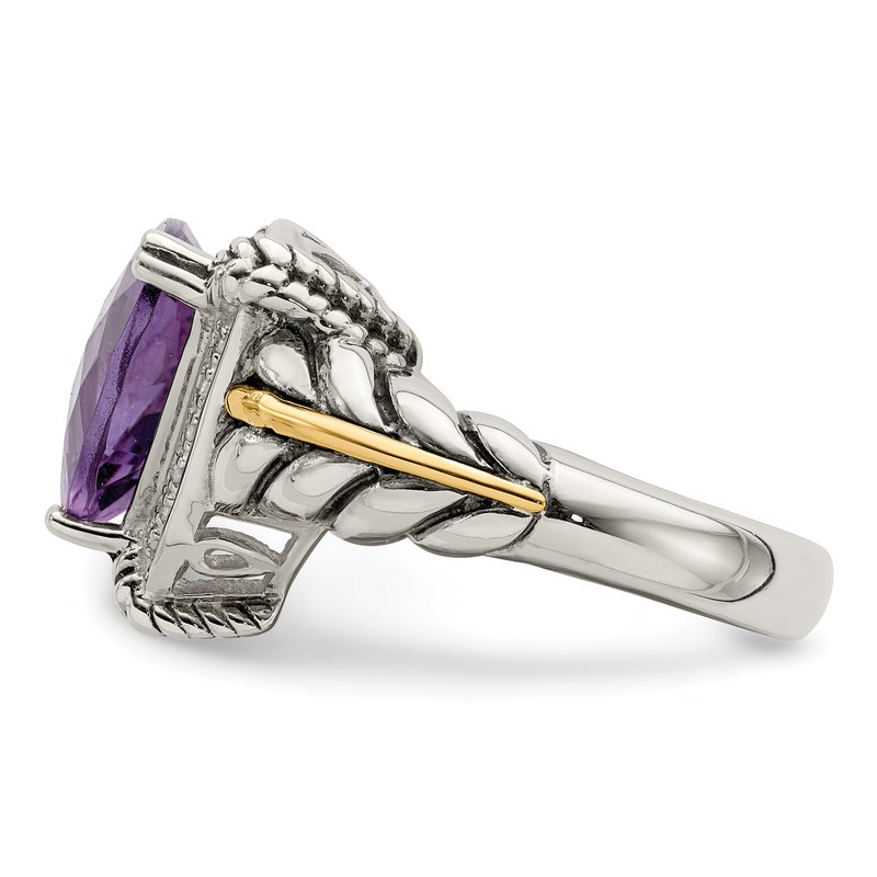 Sterling Silver with 14K Accent Antiqued Trillion Amethyst and Diamond Ring
