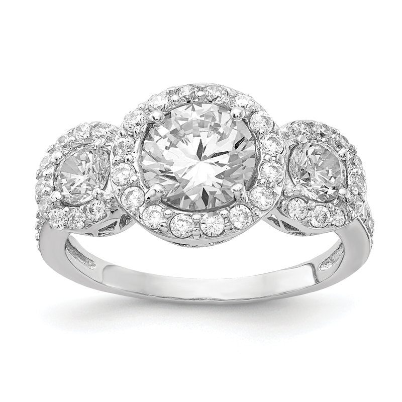 Sterling Silver Rhodium-plated Brilliant-cut CZ Three Stone Halo Ring