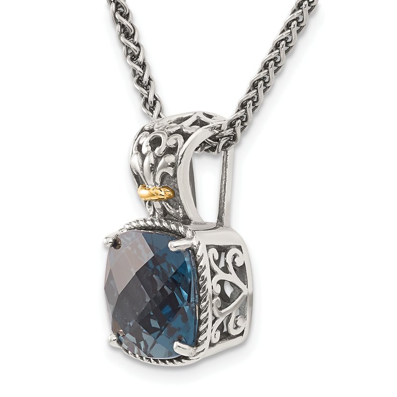 Sterling Silver with 14K Accent 18 Inch Antiqued Cushion London Blue Topaz Necklace