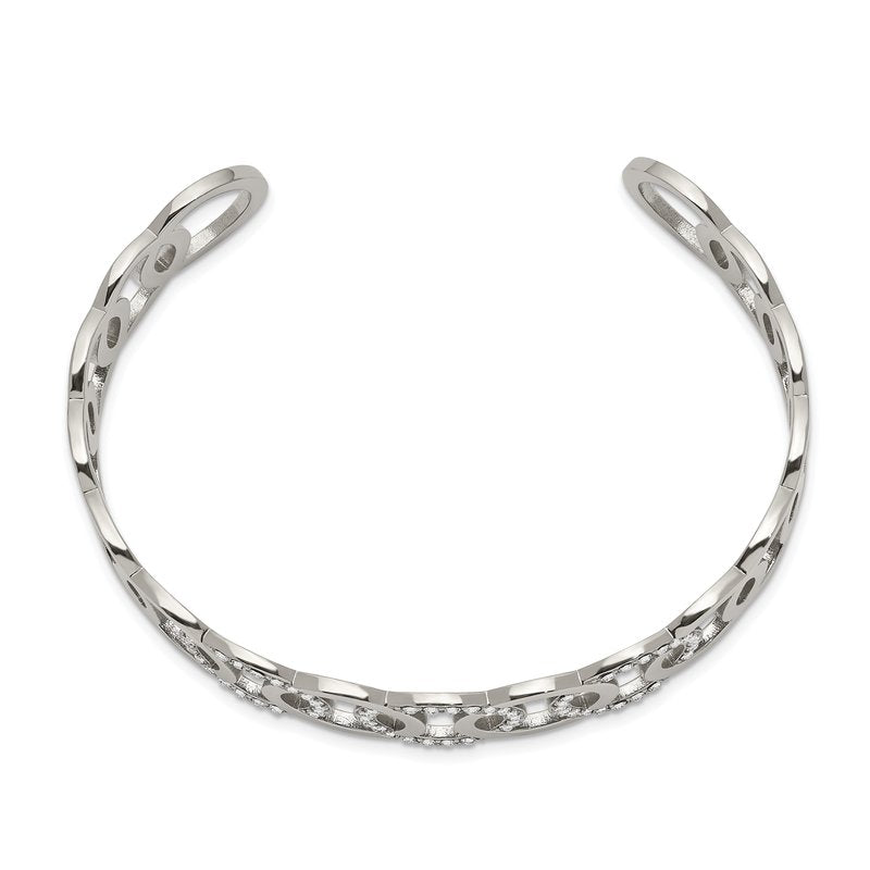 Stainless Steel Polished with Crystals 14.5mm Circles Cuff Bangle