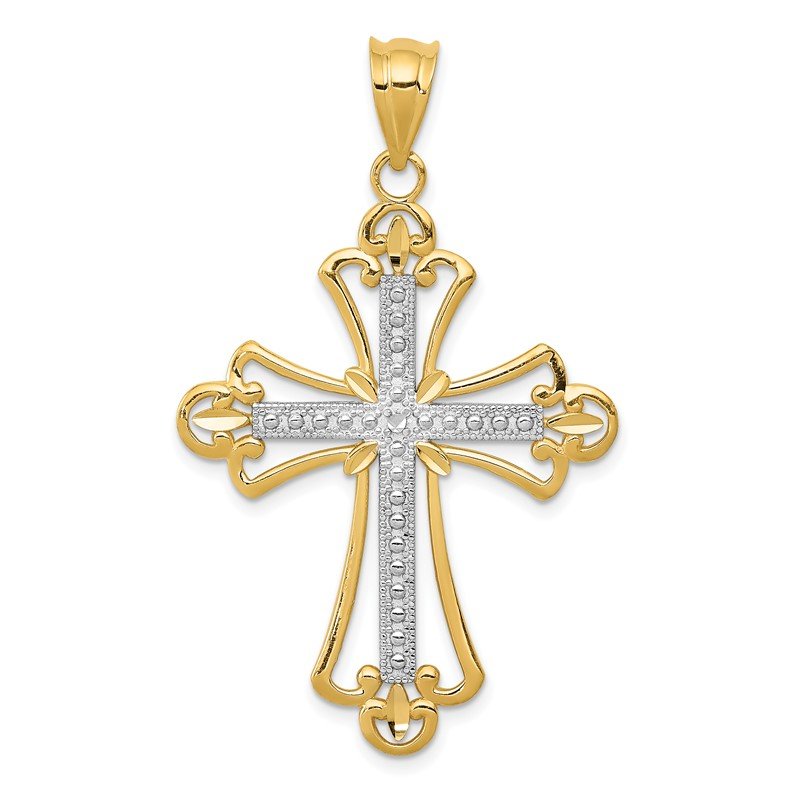 14K and White Rhodium Budded Cross Pendant
