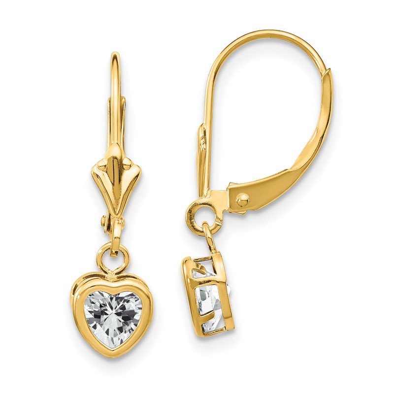 14k 5mm Heart Cubic Zirconia Bezel Leverback Dangle Earrings