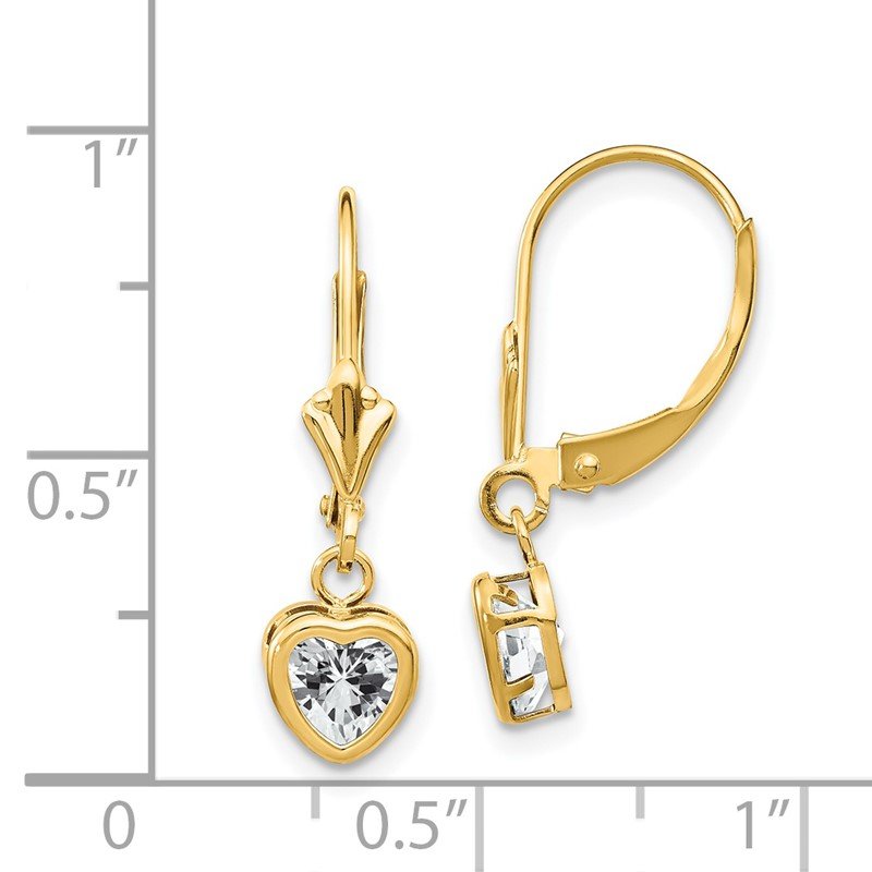 14k 5mm Heart Cubic Zirconia Bezel Leverback Dangle Earrings