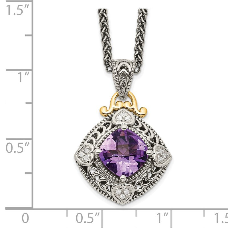 Sterling Silver with 14K Accent 18 Inch Antiqued Cushion Amethyst Necklace