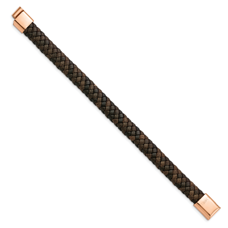 Stainless Steel Polished Rose IP-plated Brown Braided Leather 8.5 inch Bracelet