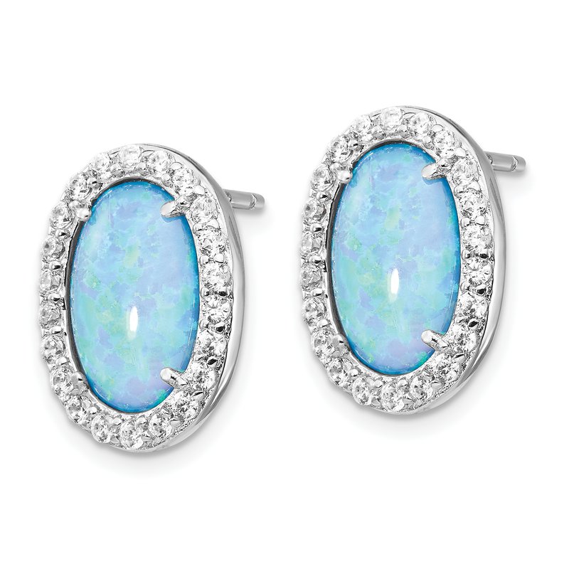 Sterling Silver Rhodium-plated Cabochon Lab Created Blue Opal and Brilliant-cut CZ Oval Post Earrings