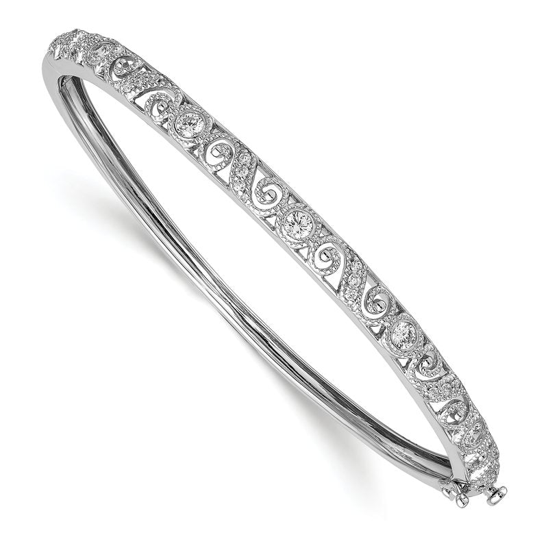 14k White Gold Swirl Design Complete 3/4 carat A Diamond Hinged Oval Bangle Bracelet