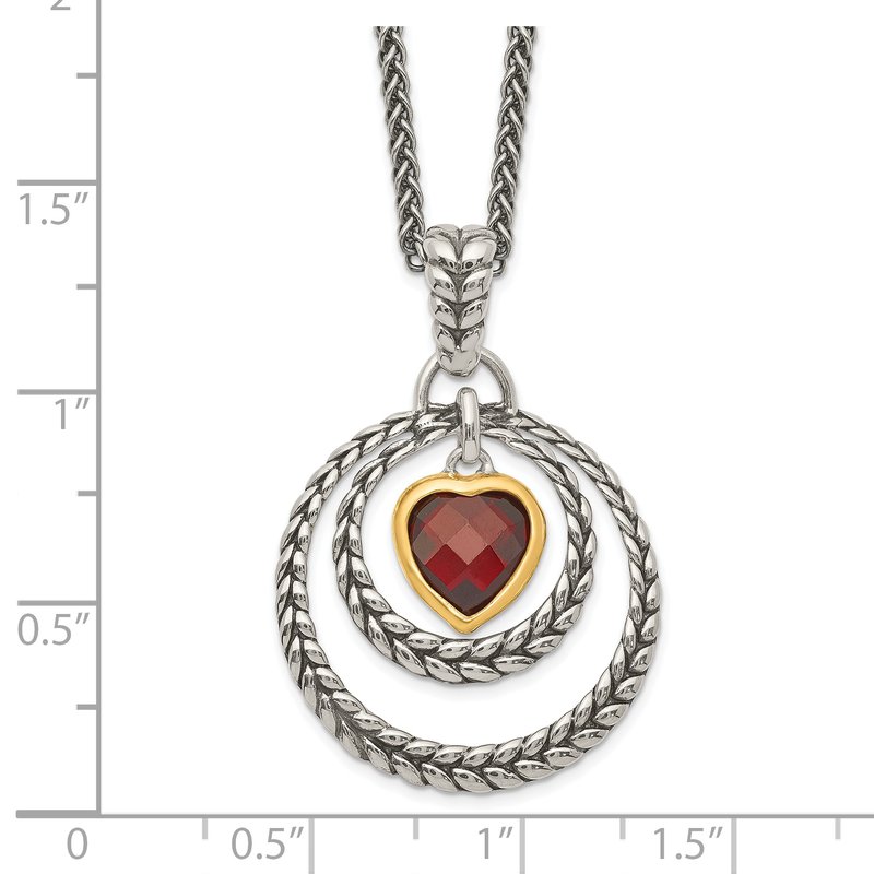 Sterling Silver Gold-tone Flash Gold-plated 18 Inch Antiqued Checkerboard Garnet Heart Necklace