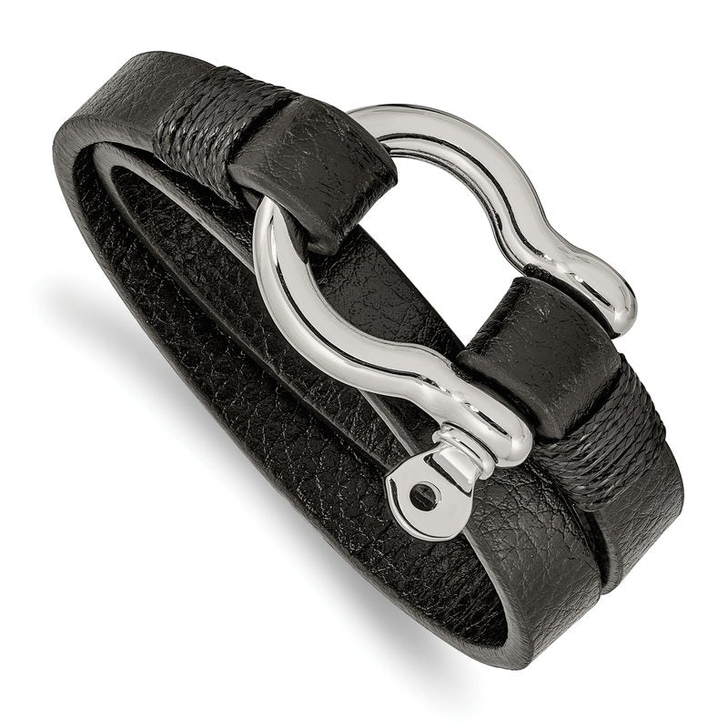 Stainless Steel Polished Shackle Textured Black Leather 16 inch Wrap Bracelet