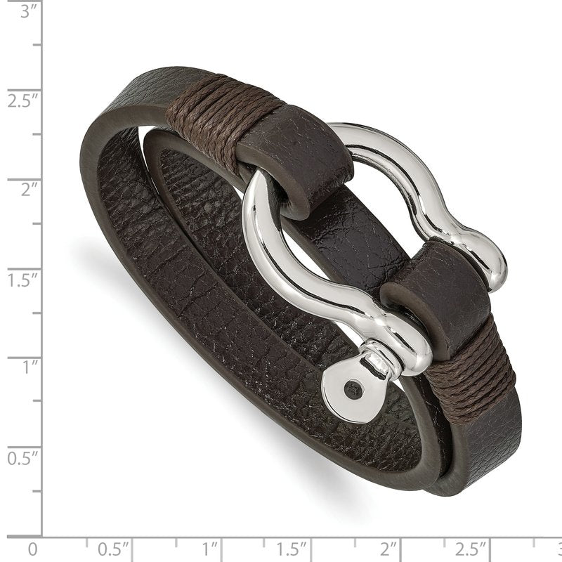 Stainless Steel Polished Shackle Brown Leather 16 inch Wrap Bracelet