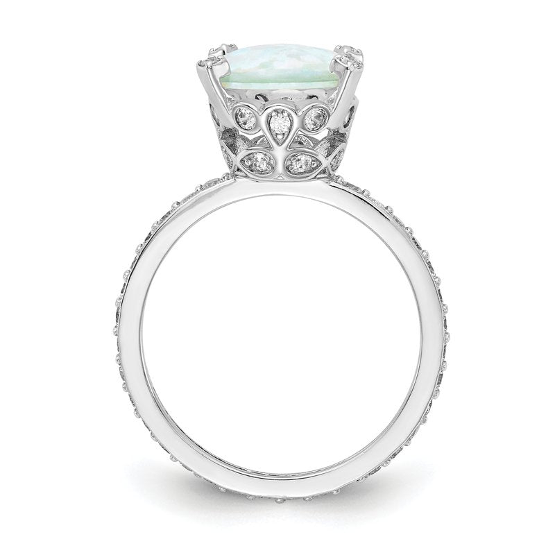Sterling Silver Rhodium-plated Cabochon Lab Created Opal and Brilliant-cut CZ Oval with Side Stones Ring