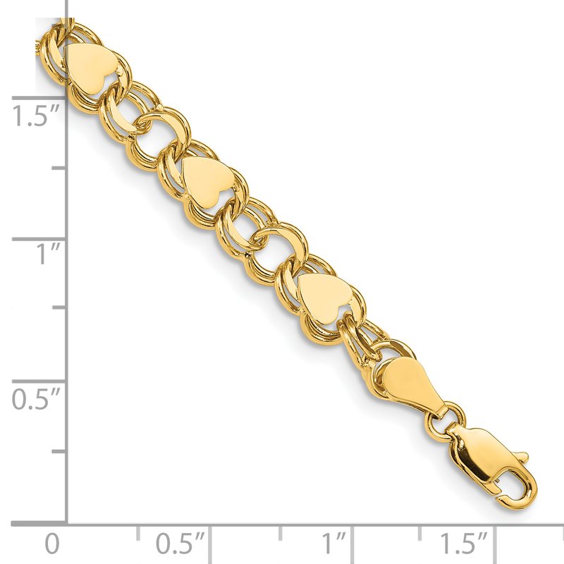 14k 7mm Solid Double Link with Hearts 7 inch Charm Bracelet