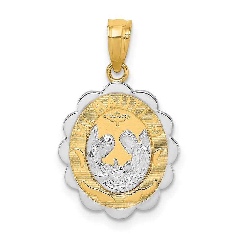 14K Two-tone and White Rhodium Solid Spanish Baptism Mi Bautizo Oval Pendant