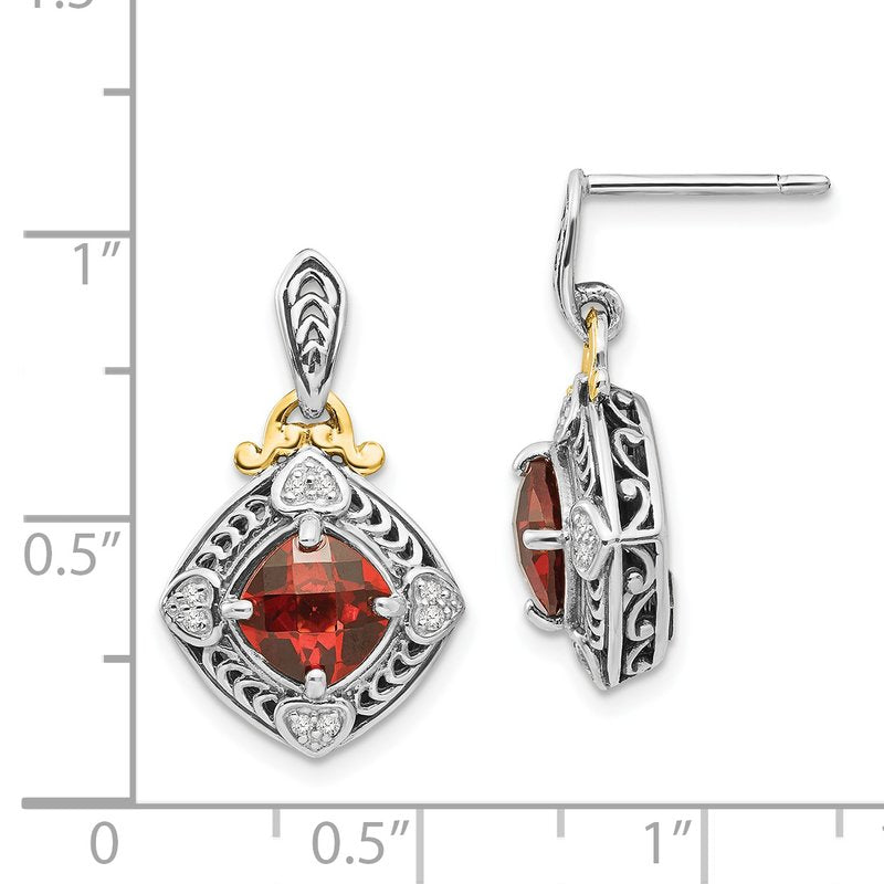 Sterling Silver with 14K Accent Antiqued Diamond and Cushion Garnet Post Dangle Earrings