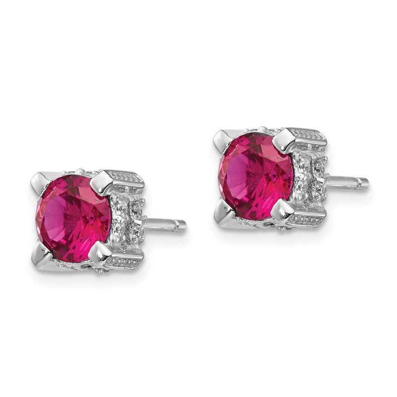 Sterling Silver Rhodium-plated Brilliant-cut 6.5mm Lab Created Ruby and Brilliant-cut White CZ Stud Post Earrings