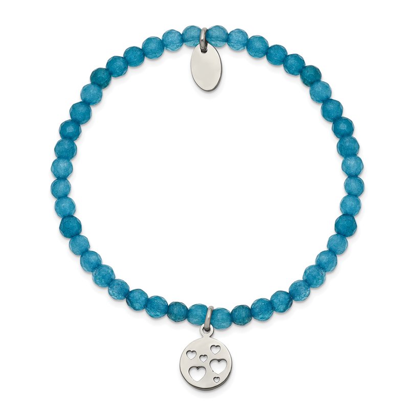 Stainless Steel Polished Hearts 4mm Blue Jade Beaded Stretch Bracelet