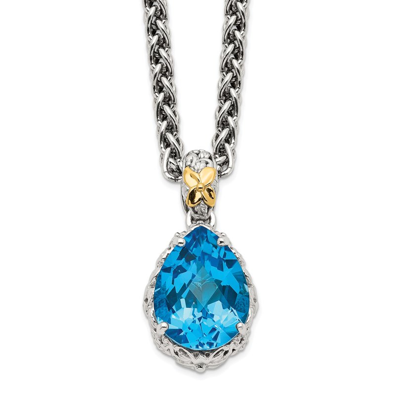Sterling Silver Rhodium-plated with 14K Accent 18 Inch Antiqued Pear Shaped Blue Topaz Necklace