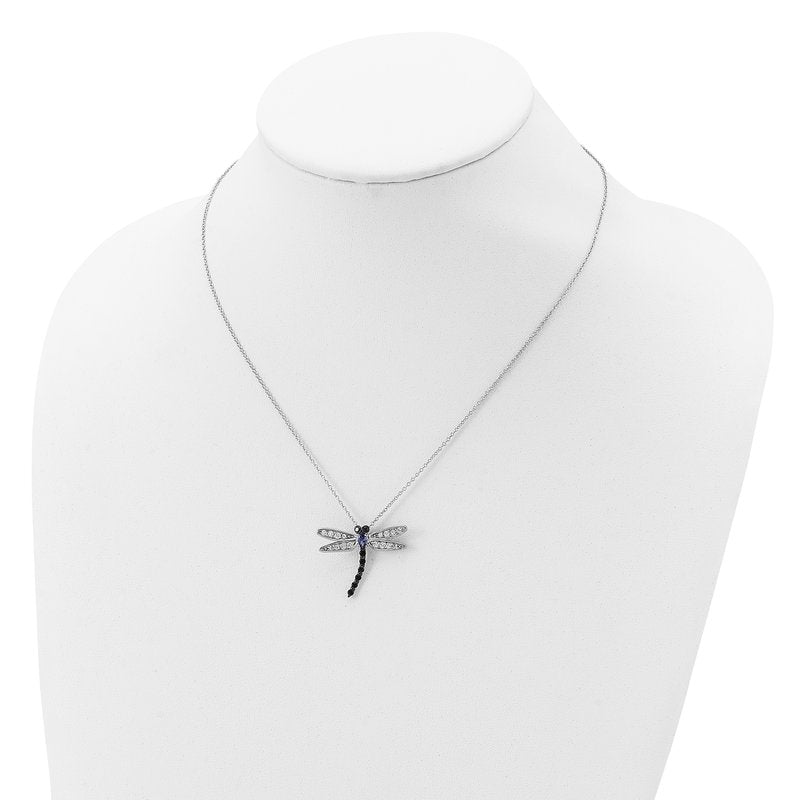 Sterling Silver Rhodium-plated with Black Rhodium Accent Brilliant-cut Black White and Blue CZ Dragonfly 18 Inch Necklace