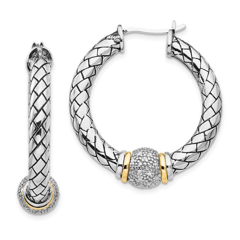 Sterling Silver with 14K Accent Antiqued Diamond Hoop Earrings