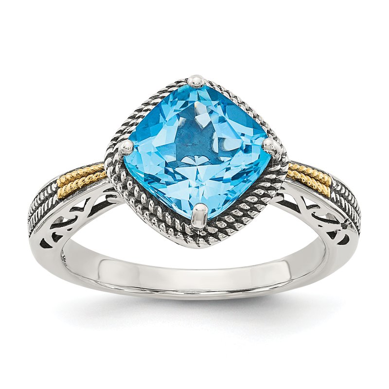 Sterling Silver with 14K Accent Antiqued Cushion Blue Topaz Ring