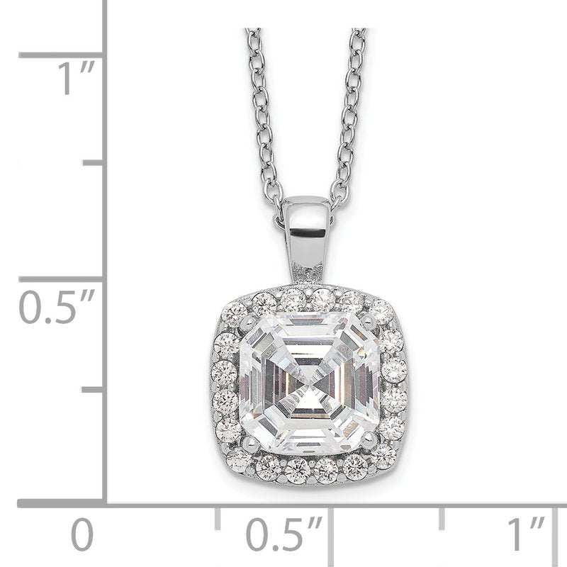 Sterling Silver Rhodium-plated Asscher-cut and Brilliant-cut CZ Halo 18 Inch Necklace