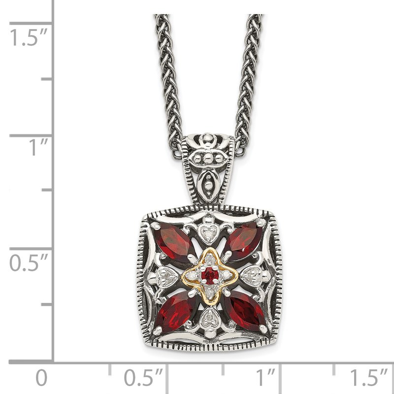 Sterling Silver with 14K Accent 18 Inch Antiqued Diamond and Marquise Garnet Necklace