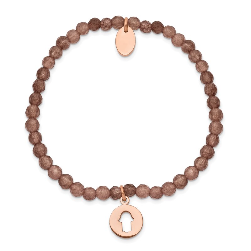 Stainless Steel Polished Rose IP-plated Hamsa 4mm Brown Jade Beaded Stretch Bracelet