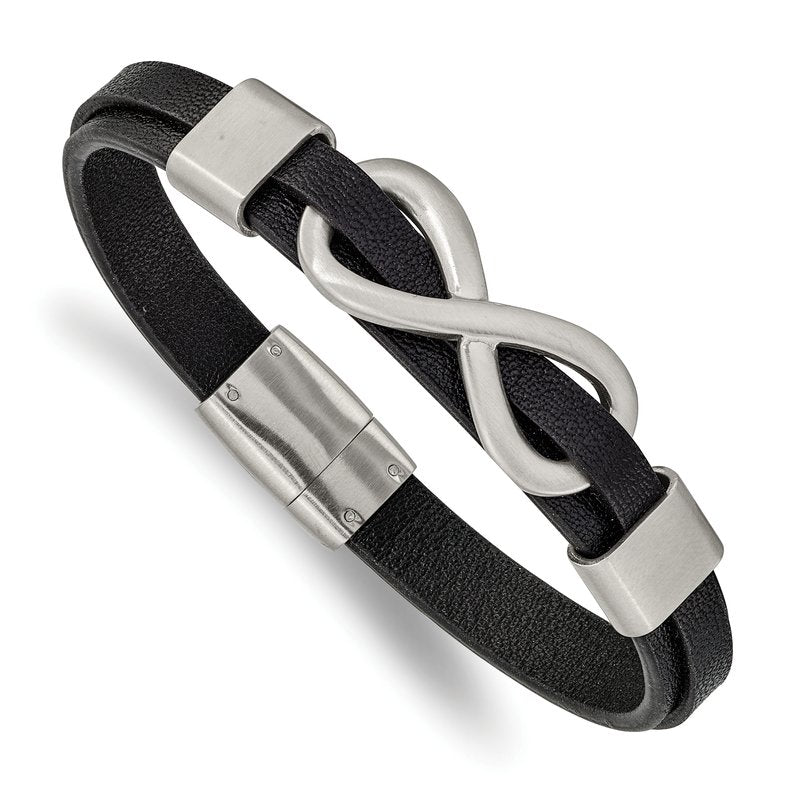 Stainless Steel Brushed and Polished Infinity Symbol Black Leather 8 inch Bracelet