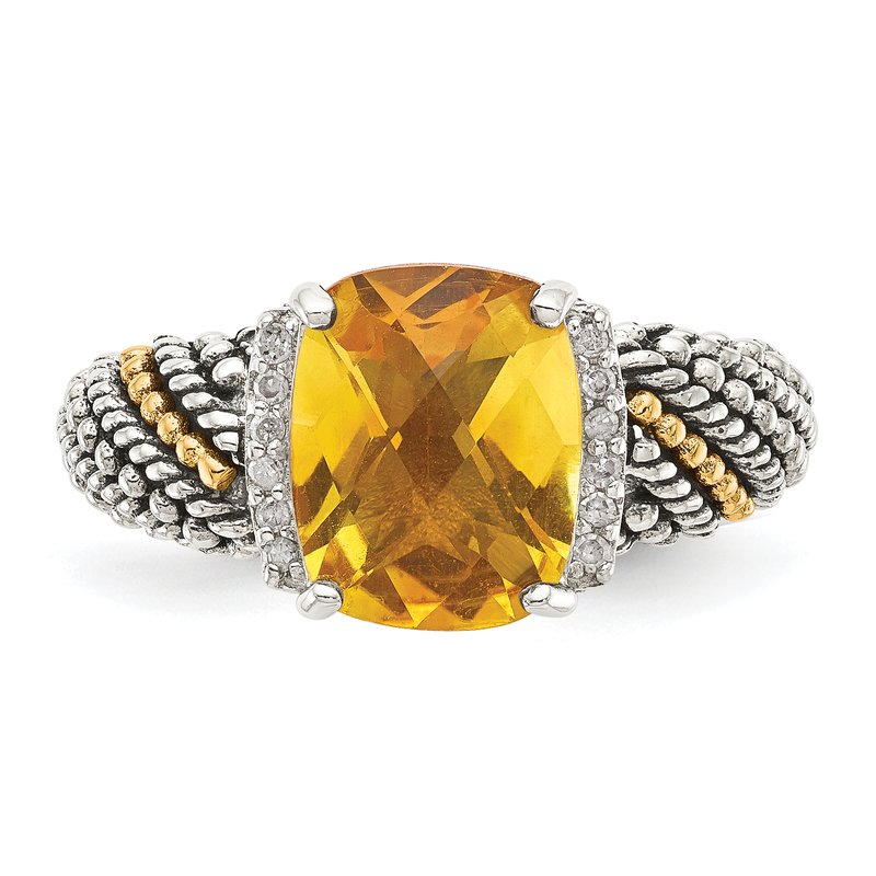 Sterling Silver with 14K Accent Antiqued Diamond and Checkerboard Cushion Citrine Ring