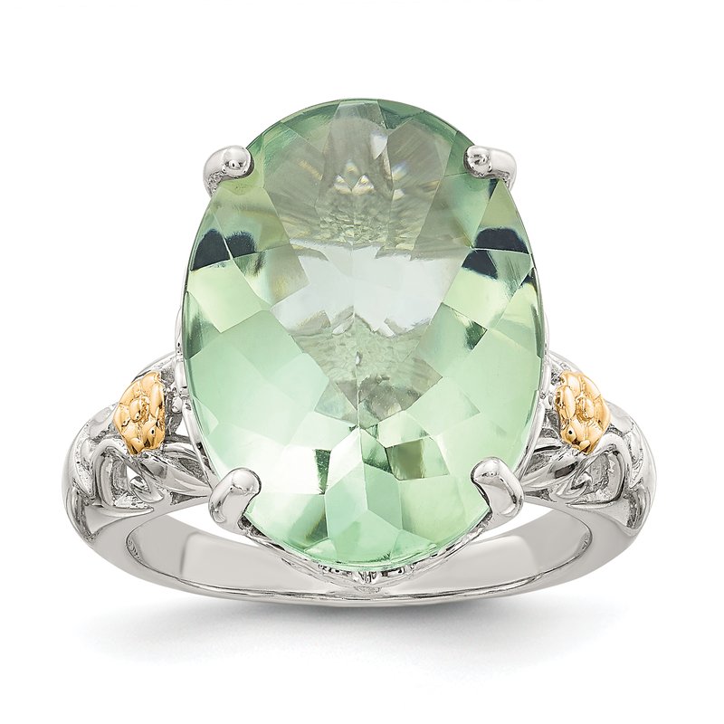 Sterling Silver Rhodium-plated with 14K Accent Oval Green Quartz Ring