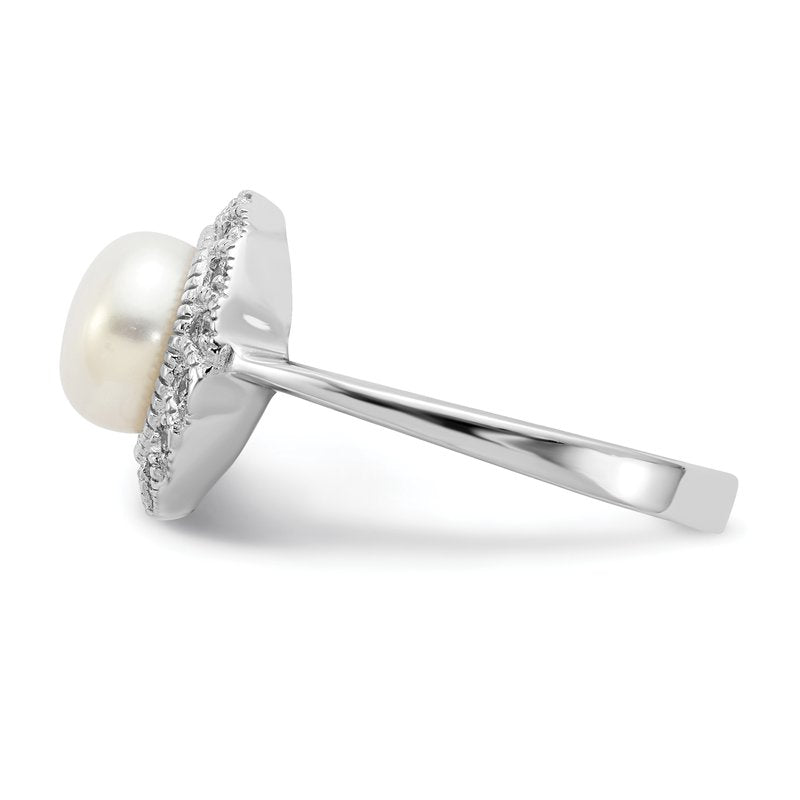 Sterling Silver Rhodium-plated Freshwater Cultured Pearl and Brilliant-cut CZ Ring