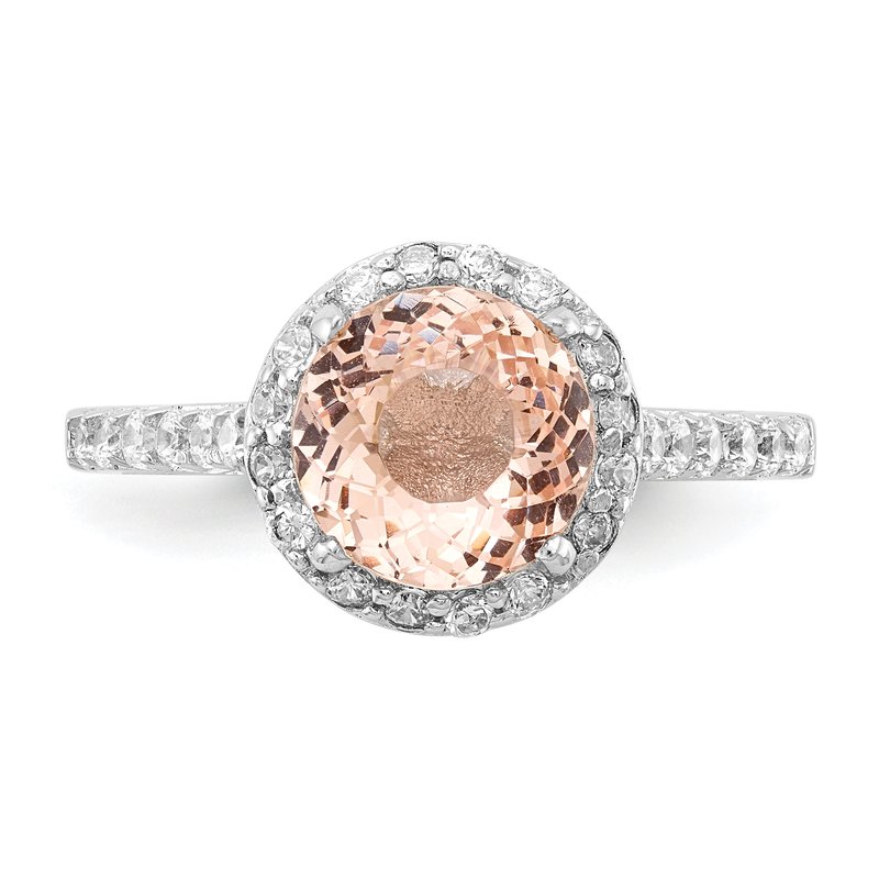 Sterling Silver Rhodium-plated 100 Facet Simulated Morganite and White Brilliant-cut CZ Halo Ring
