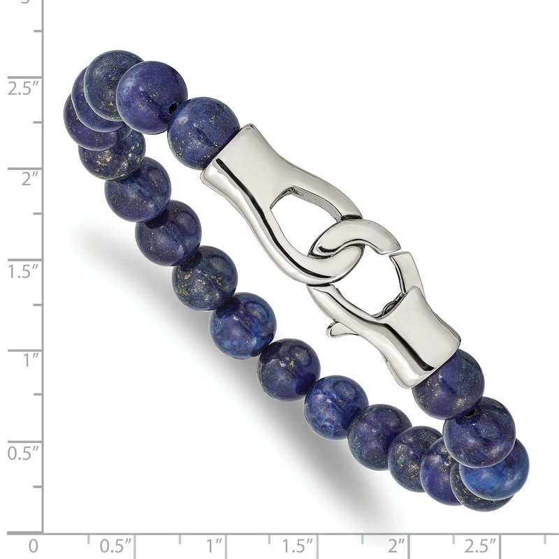 Stainless Steel Polished Genuine Lapis Beaded 9 inch Bracelet