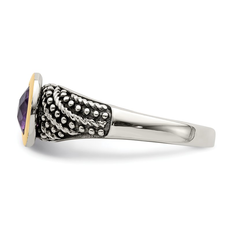 Sterling Silver with 14K Accent Antiqued Round Bezel Amethyst Ring