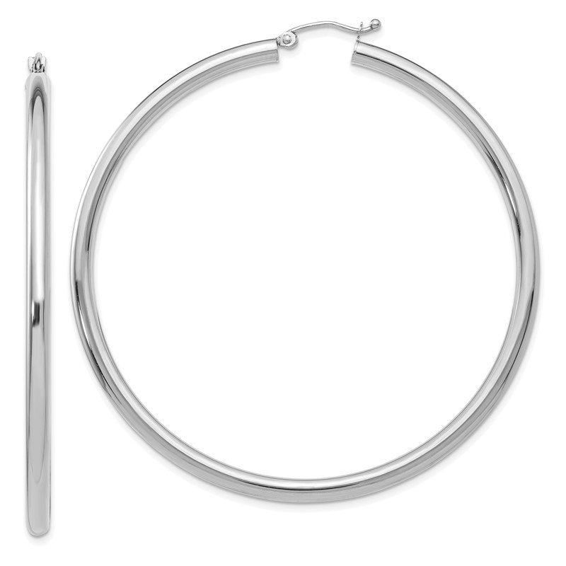 14K White Gold 3x60mm Polished Lightweight Tube Hoop Earrings