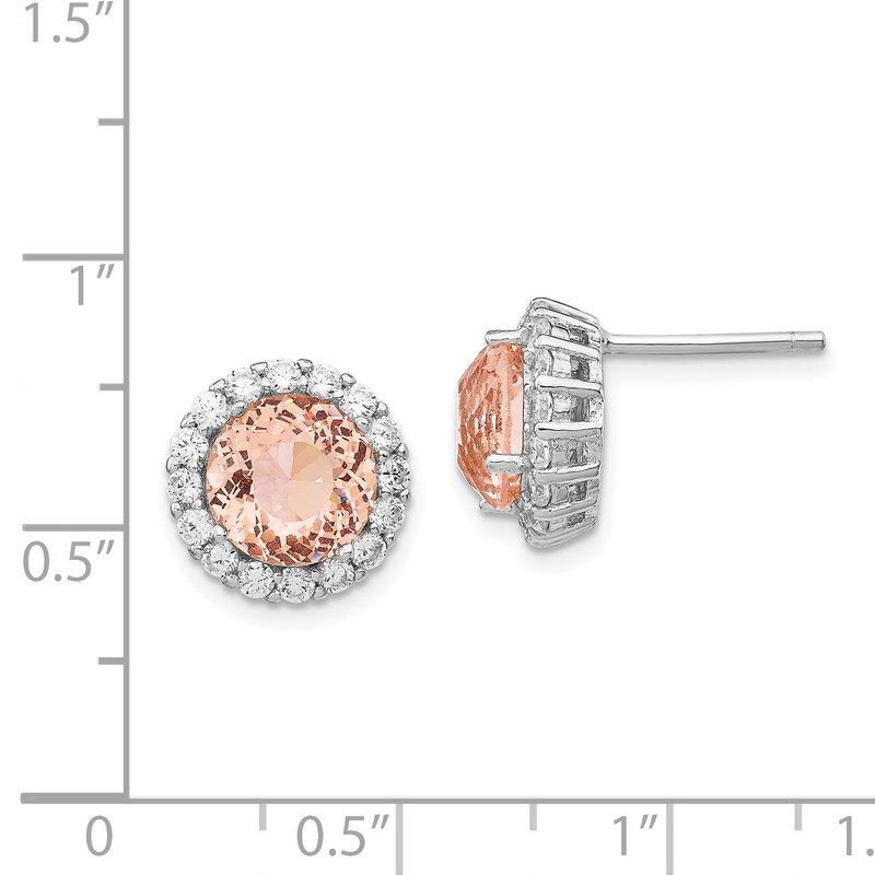 Sterling Silver Rhodium-plated 100 Facet Simulated Morganite and White Brilliant-cut CZ Halo Post Earrings