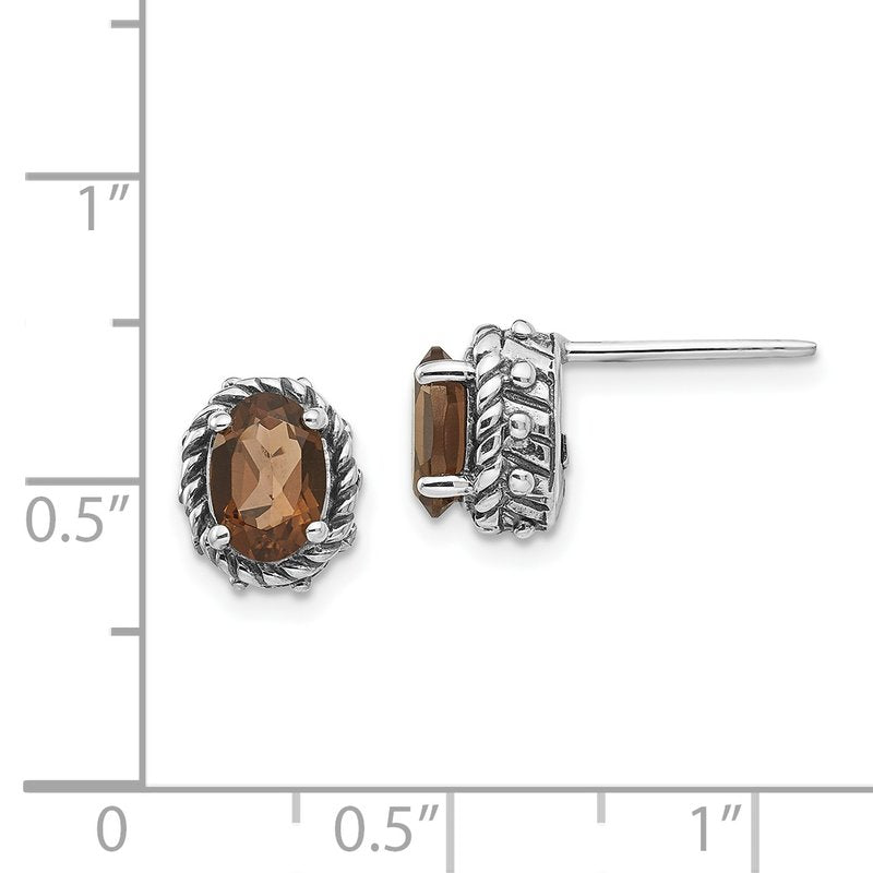 Sterling Silver Antiqued Oval Smoky Quartz Post Earrings