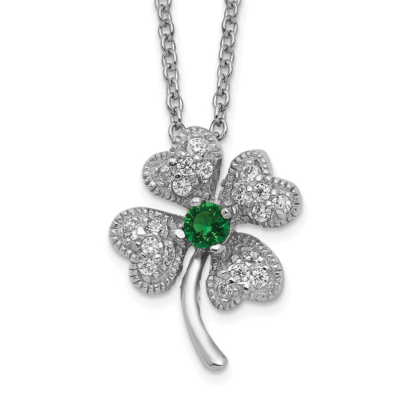 Sterling Silver Rhodium-plated Brilliant-cut Green Glass and Brilliant-cut White CZ Four Leaf Clover 15 Inch Necklace