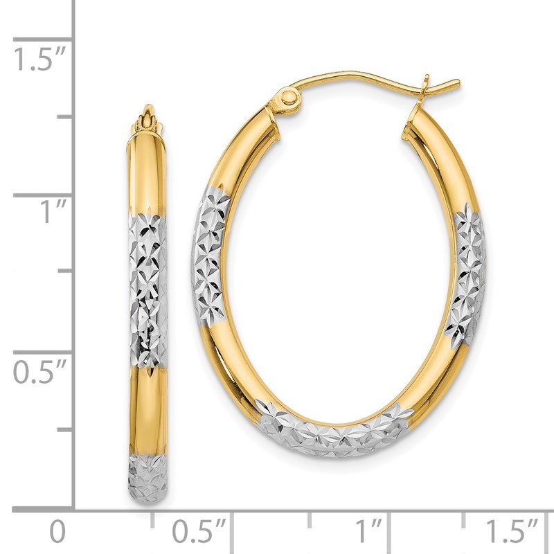 14K w/ White Rhodium 3mm Diamond Cut Oval Hollow Hoop Earrings