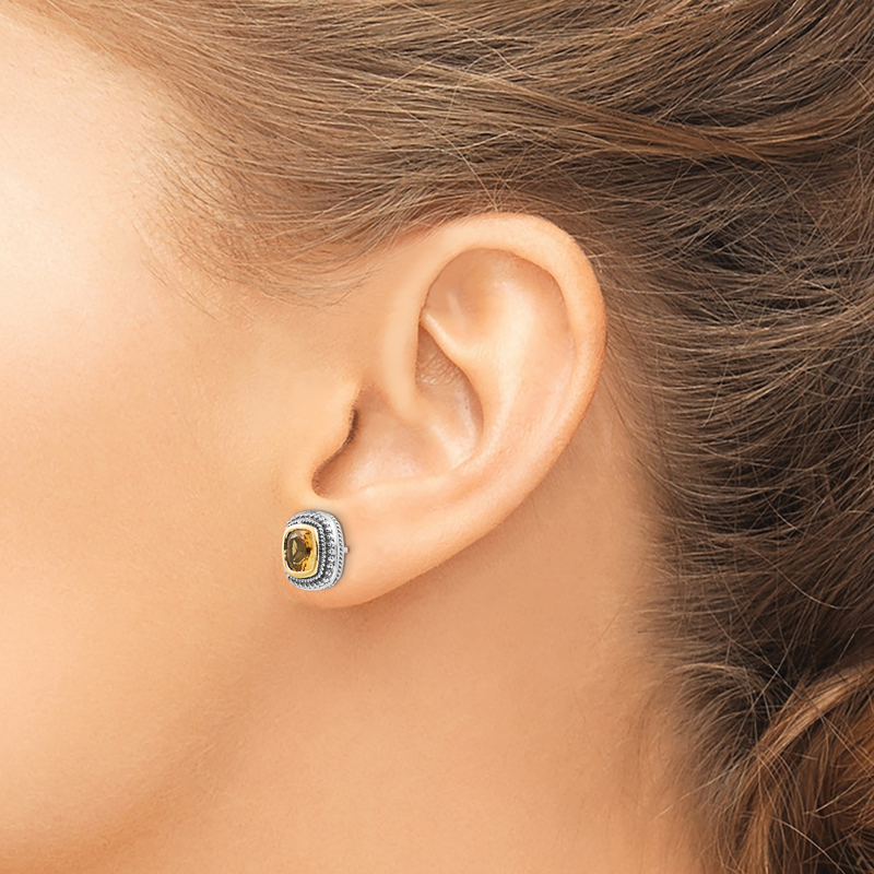 Sterling Silver with 14K Accent Antiqued Cushion Bezel Citrine Post Earrings