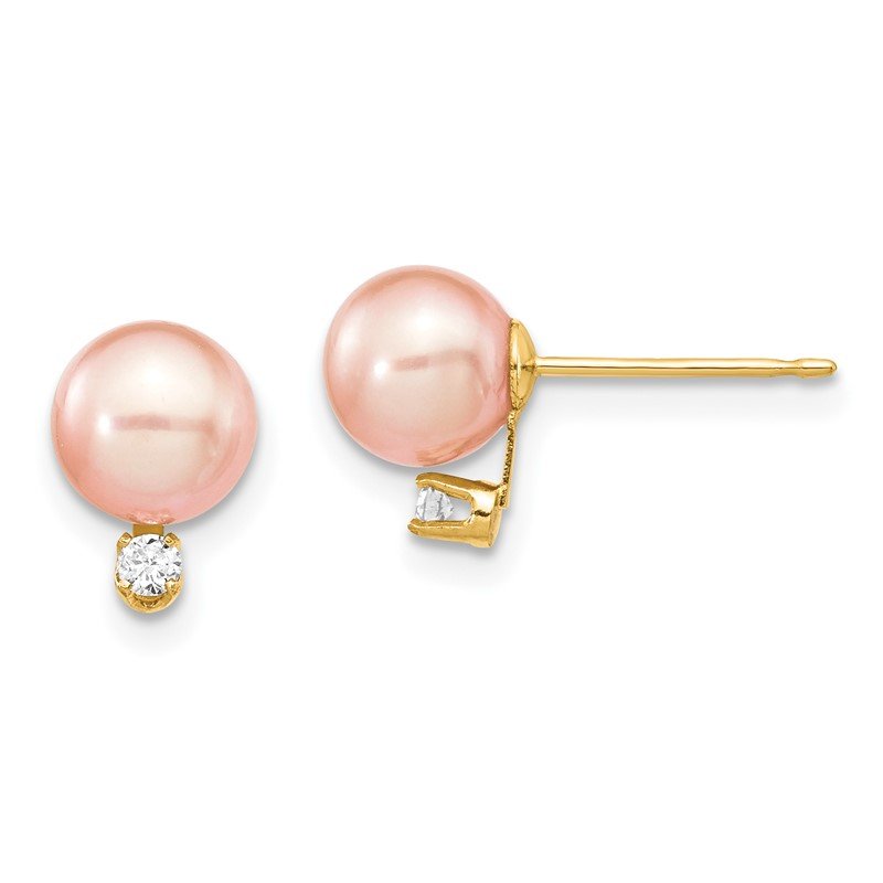 14k 6-7mm Pink Round Freshwater Cultured Pearl and .06 Carat Diamond Post Earrings