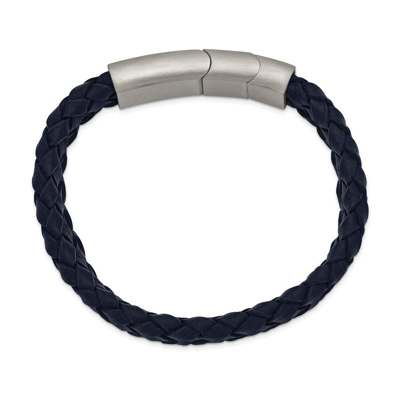 Stainless Steel Brushed Navy Blue Braided Leather 8.25 inch Bracelet with .5 inch Extension