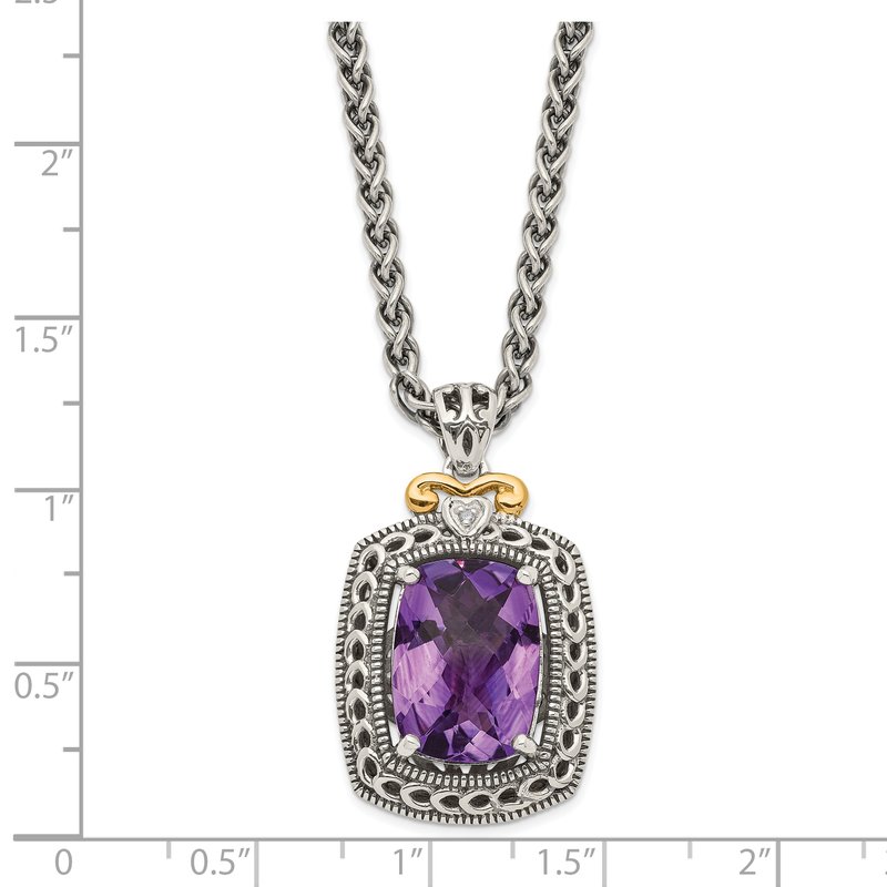 Sterling Silver with 14K Accent 18 Inch Antiqued Checkerboard-cut Cushion Amethyst and Diamond Necklace