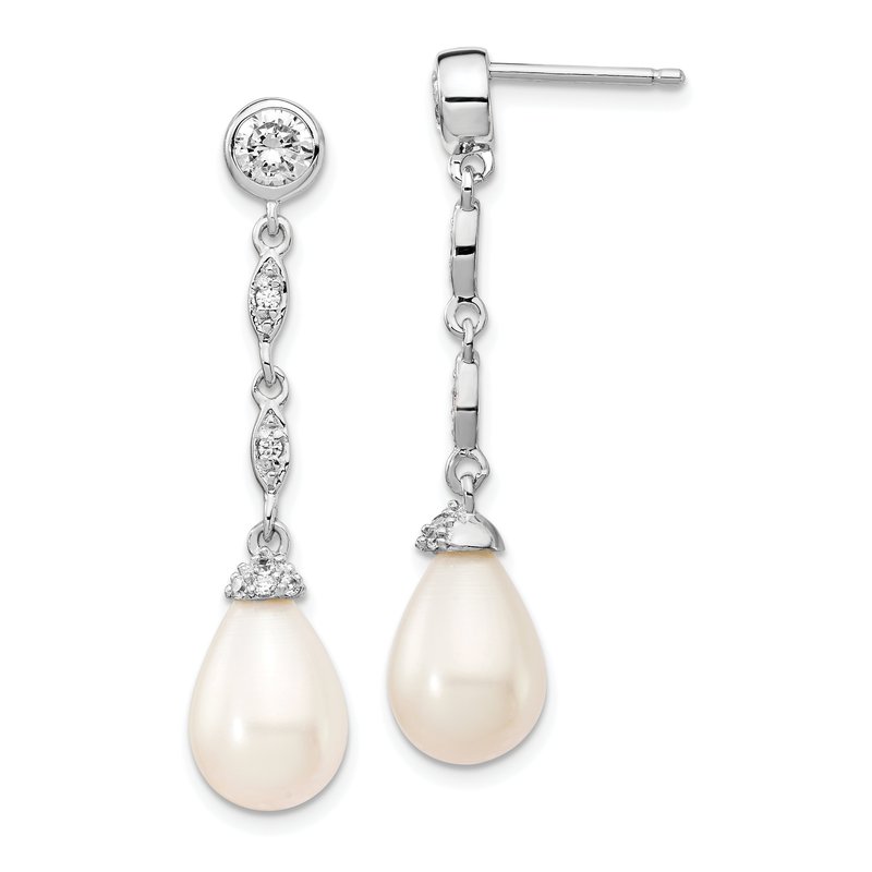Sterling Silver Rhodium-plated Teardrop Freshwater Cultured Pearl and Brilliant-cut CZ Post Dangle Earrings