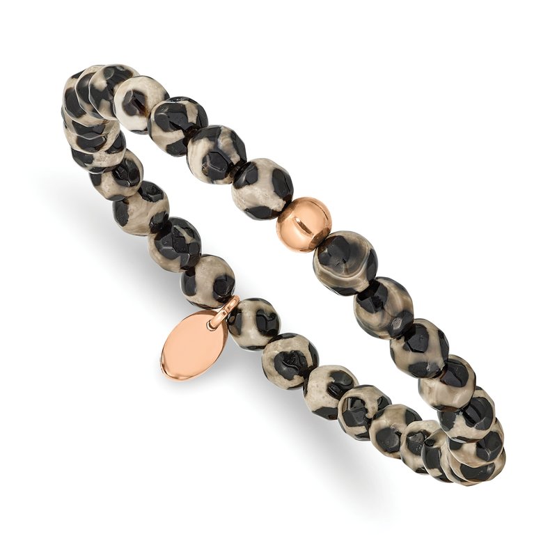 Stainless Steel Polished Rose IP-plated 6mm Black and White Agate Beaded Stretch Bracelet
